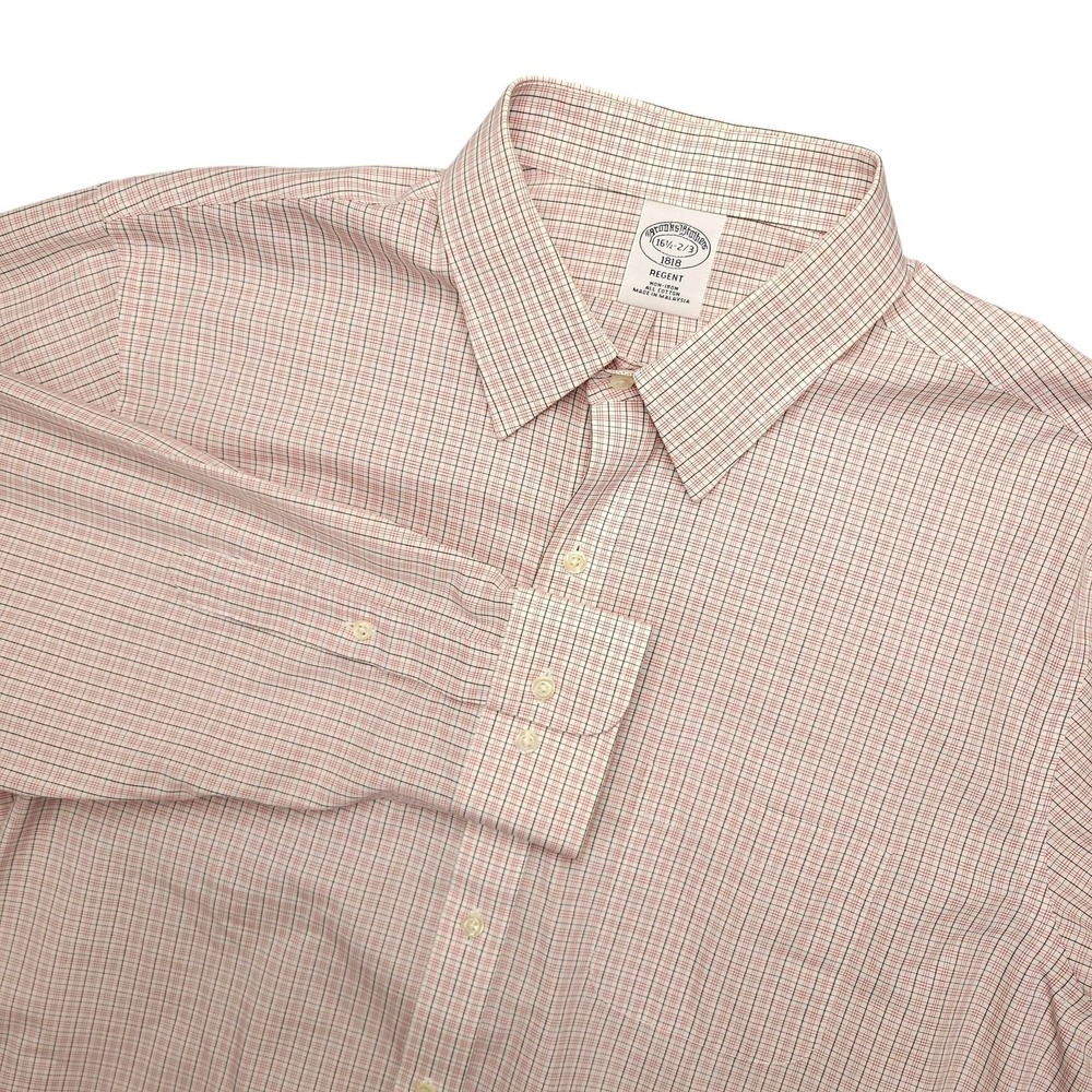 Brooks Brothers Dress Shirt Mens 16.5 32/33 Pink Check Regent Slim‎ Fit Non Iron